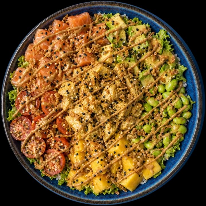 Exemple de bowl en taille M, vu de dessus : riz à sushi + batavia verte, avocat, edamame, mangue, tomates cerises, saumon cru, poulet mariné, sésame grillé, oignons frits, cacahuète
